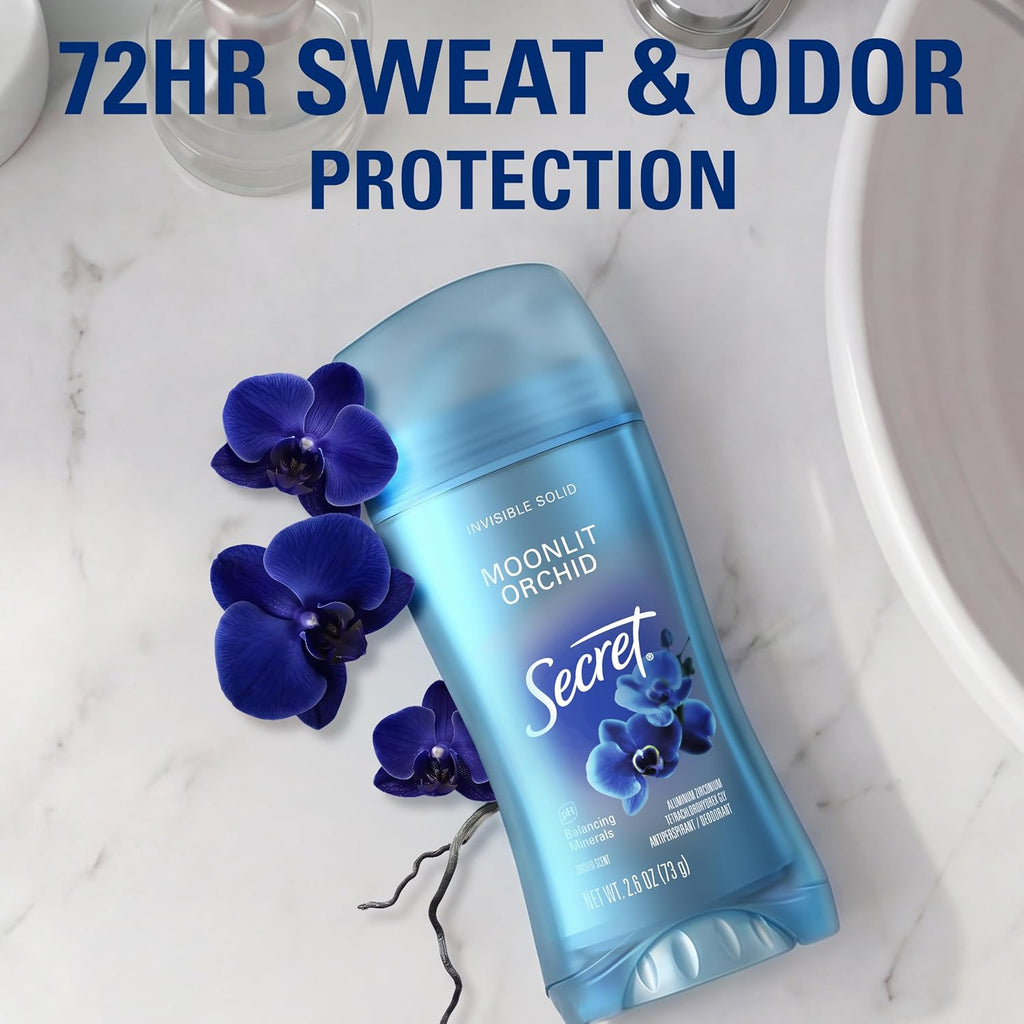 Secret Fresh Antiperspirant Deodorant for Women. 72hr Breathable Sweat & Odor Protection. Instant Freshness & Gentle. PH Balancing Minerals. Invisible Solid. Moonlight Orchid Scent. 2.6 oz