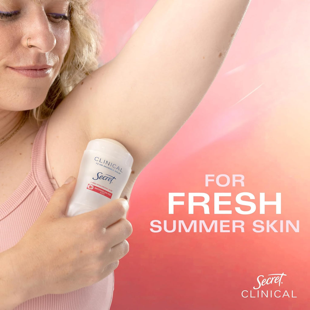 Secret Clinical Strength Antiperspirant Deodorant for Women. 3X Stress Protection. 72hr Sweat & Odor Protection. Pro-Hyaluronic Acid. Invisible Solid. Watermelon Summer Fizz Scent. 1.6 oz