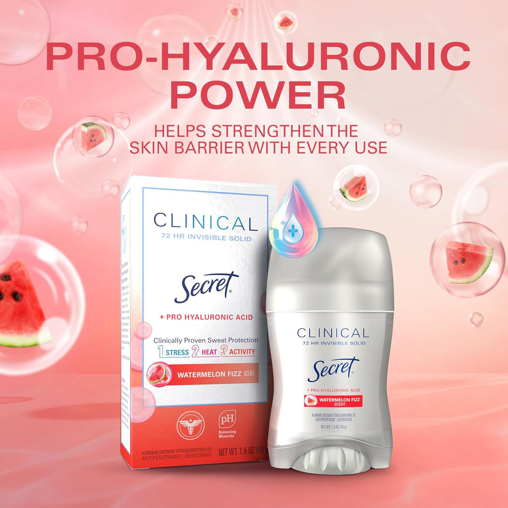 Secret Clinical Strength Antiperspirant Deodorant for Women. 3X Stress Protection. 72hr Sweat & Odor Protection. Pro-Hyaluronic Acid. Invisible Solid. Watermelon Summer Fizz Scent. 1.6 oz