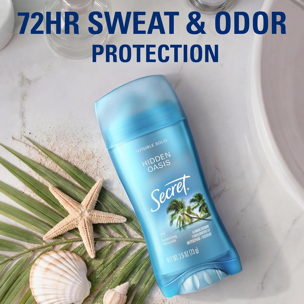 Secret Fresh Antiperspirant Deodorant for Women. 72hr Breathable Sweat & Odor Protection. Instant Freshness & Gentle. PH Balancing Minerals. Invisible Solid. Hidden Oasis Scent. 2.6 oz