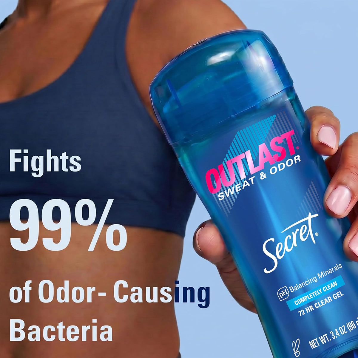 Secret Outlast Antiperspirant Deodorant for Women. Clear Gel Antiperspirant. Long Lasting Sweat and Odor Protection. PH Balancing Minerals. Gentle Underarm Care. Completely Clean Scent. 3.4 oz
