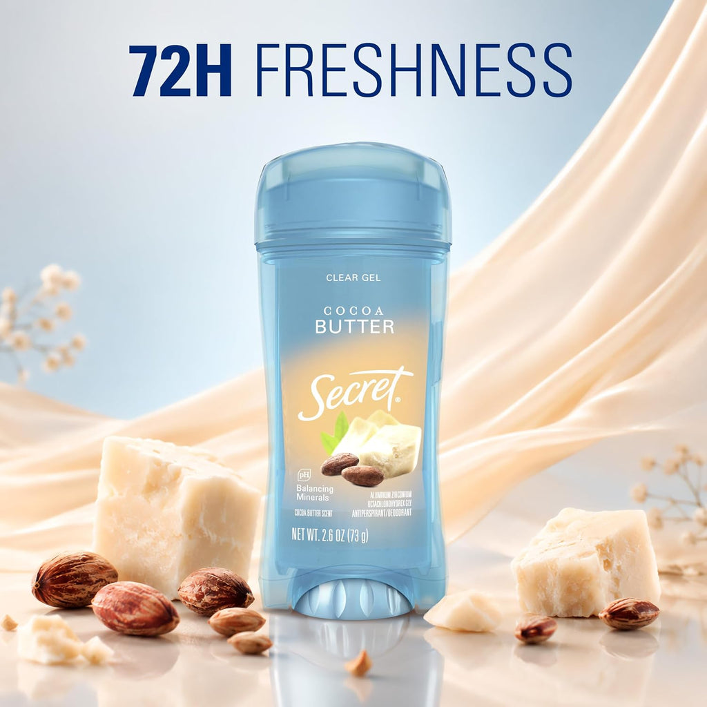 Secret Fresh Antiperspirant Deodorant for Women. 72hr Breathable Sweat & Odor Protection. Instant Freshness & Gentle. PH Balancing Minerals. Clear Gel. Cocoa Butter Scent. 2.6 oz