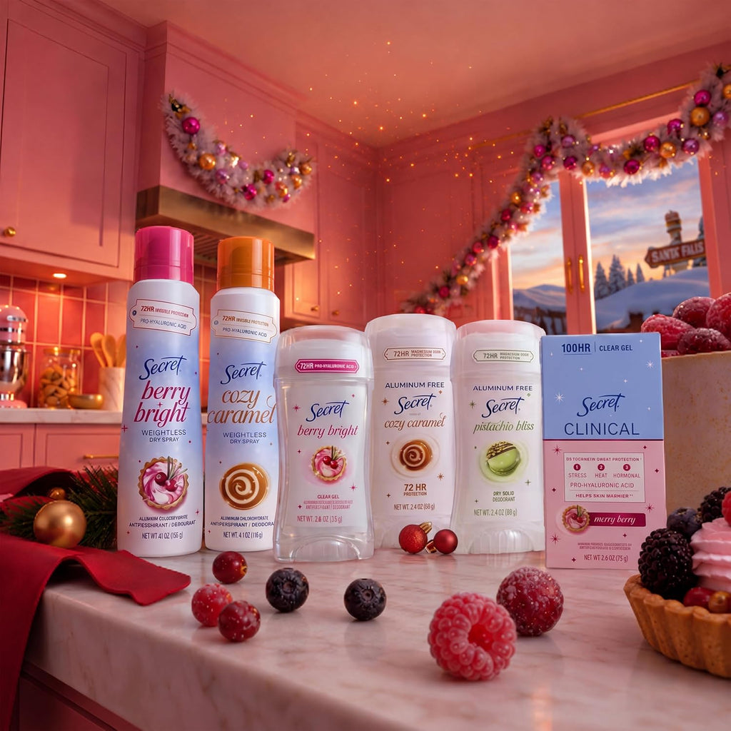 Secret Dry Spray Antiperspirant Deodorant for Women. 72hr Holiday Freshness. Pro-Hyaluronic Acid. PH Balancing Minerals. Invisible Spray. Berry Bright Scent. 4.1 oz