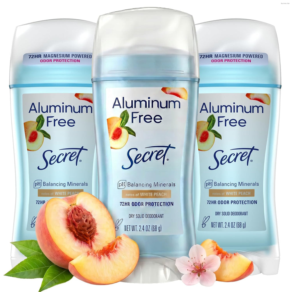 Secret Aluminum Free Deodorant | White Peach Scent | 2.4 oz (Pack Of 3) | Invisible Solid Deodorant for Women. 72hr Magnesium Powder Odor Protection. Free of Parabens. pH Balancing Minerals