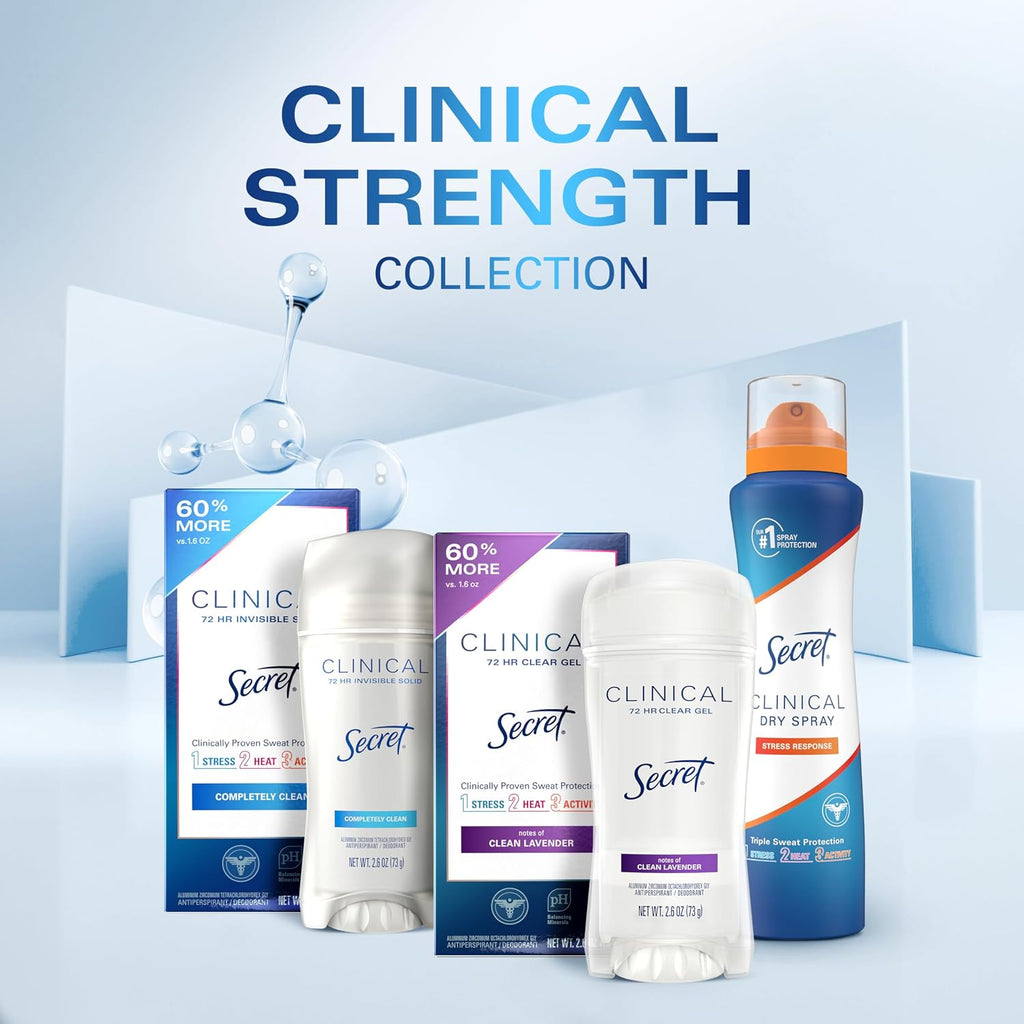 Secret Clinical Strength 100HR Sweat & Odor. Waterproof Soft Solid Antiperspirant Deodorant for Women. 3X Stress Protection. 72hr Sweat & Odor Protection. PH Balancing Minerals. 2.6 oz