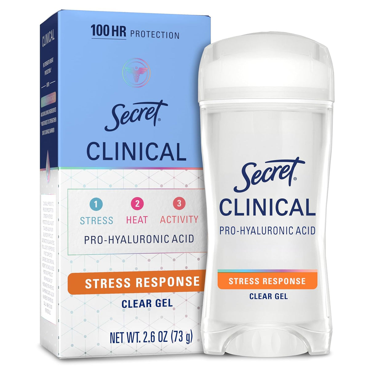 Secret Clinical Strength 100HR Sweat & Odor. Stress Response Clear Gel Antiperspirant Deodorant for Women. 3X Stress Protection with Pro-Hyaluronic Acid. PH Balancing Minerals. 2.6 oz
