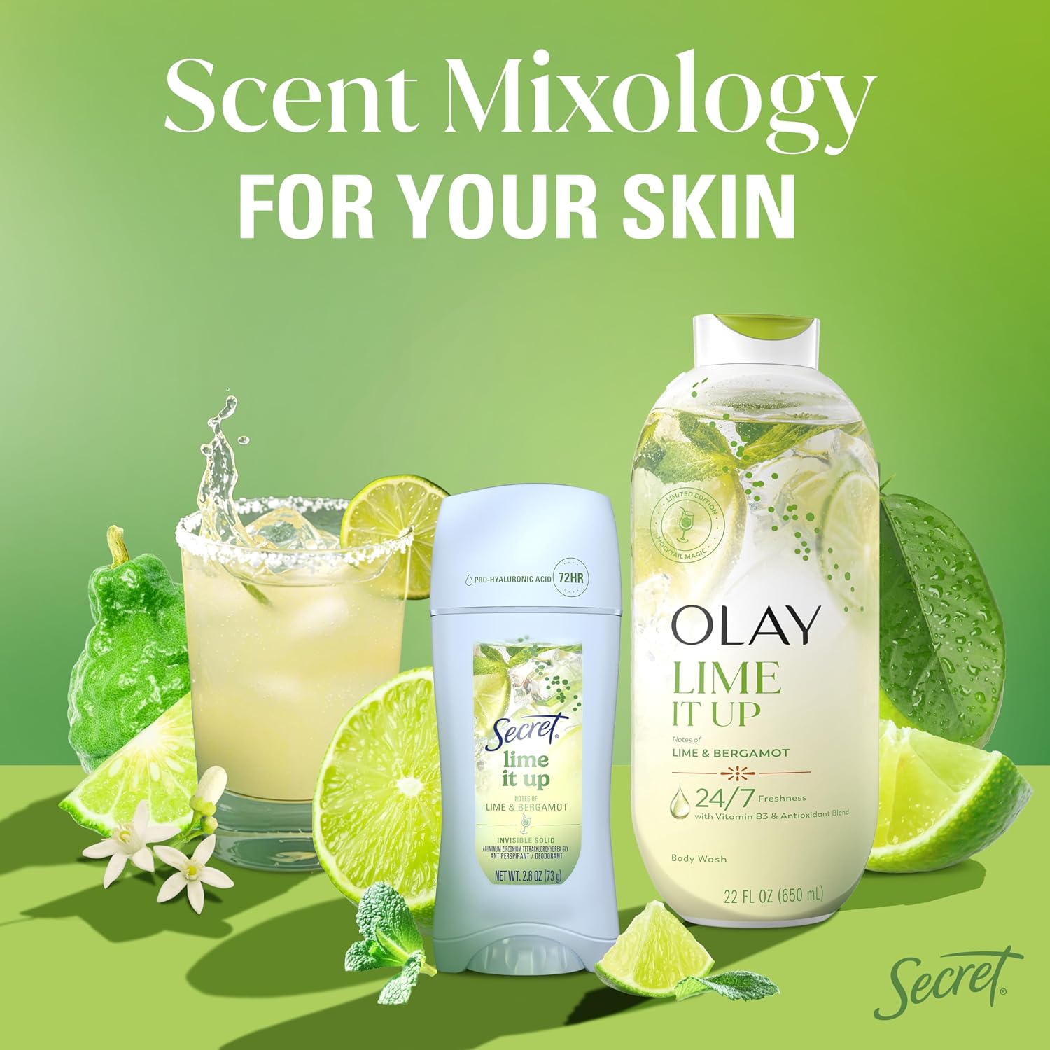 Secret Fresh Antiperspirant Deodorant for Women. Lime It Up Scent. 2.6oz | 72HR Freshness on the Rocks with Pro-Hyaluronic Acid. Miami Mocktails Limited Edition Invisible Solid. pH Balancing Minerals