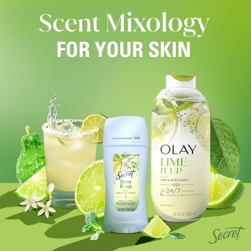 Secret Fresh Antiperspirant Deodorant for Women. Lime It Up Scent. 2.6oz | 72HR Freshness on the Rocks with Pro-Hyaluronic Acid. Miami Mocktails Limited Edition Invisible Solid. pH Balancing Minerals