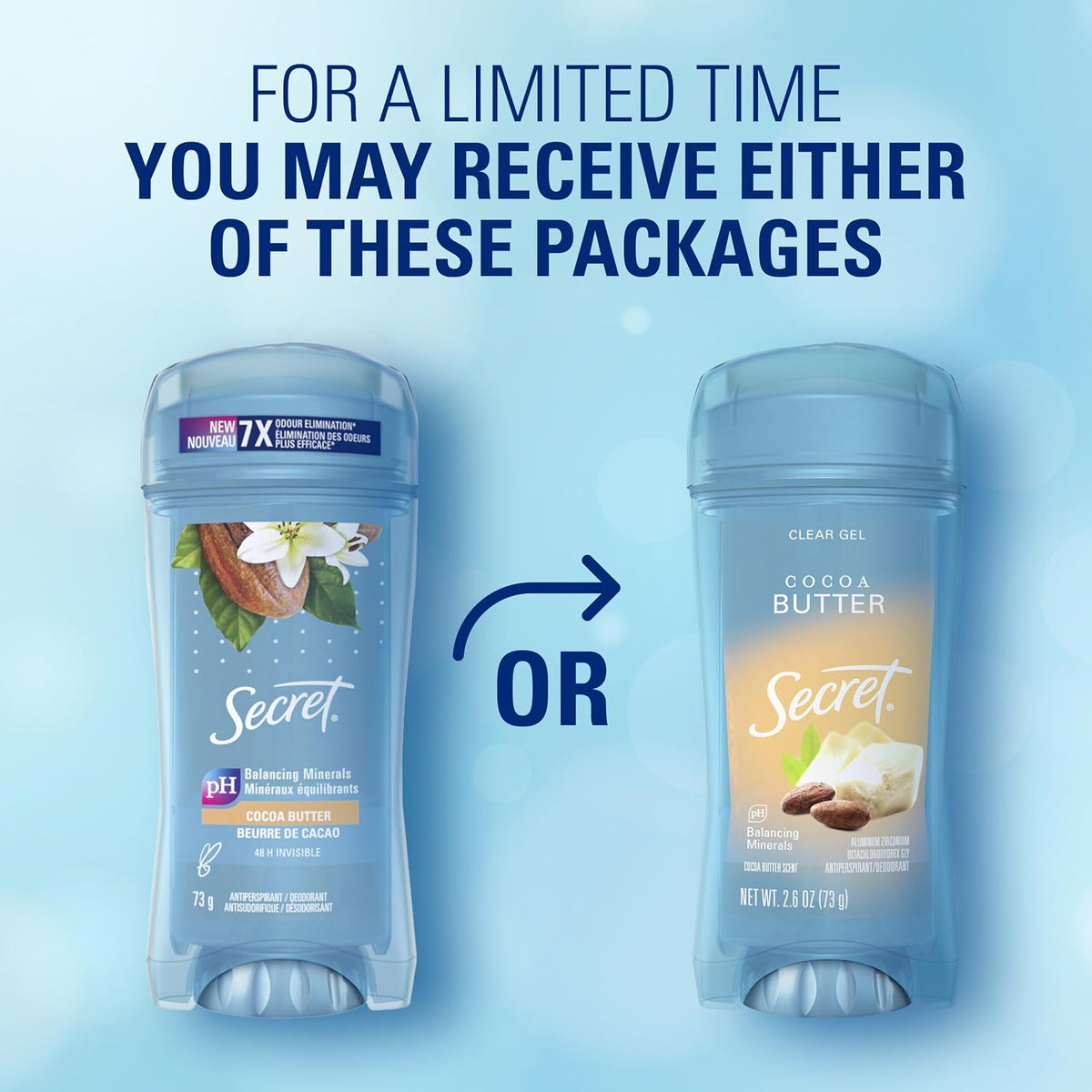 Secret Fresh Antiperspirant Deodorant for Women. 72hr Breathable Sweat & Odor Protection. Instant Freshness & Gentle. PH Balancing Minerals. Clear Gel. Cocoa Butter Scent. 2.6 oz