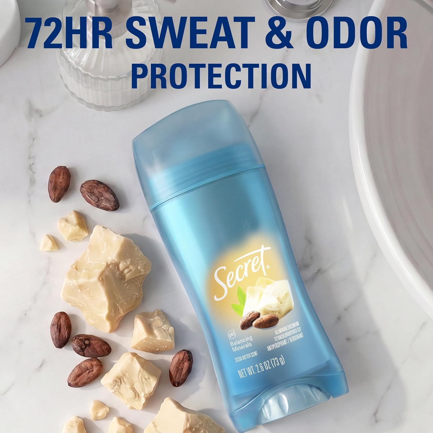 Secret Fresh Antiperspirant Deodorant for Women. 72hr Breathable Sweat & Odor Protection. Instant Freshness & Gentle. PH Balancing Minerals. Invisible Solid. Cocoa Butter Scent. 2.6 oz