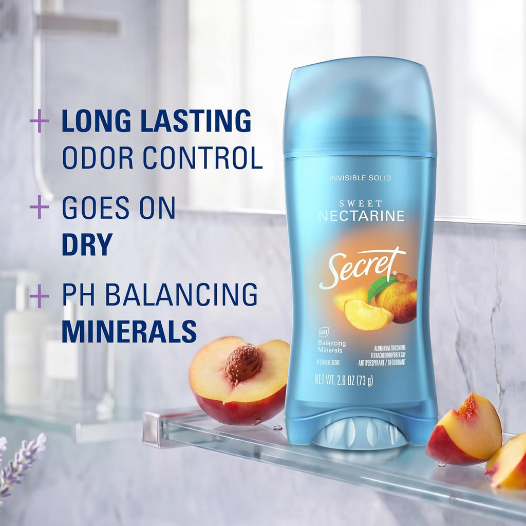 Secret Fresh Antiperspirant Deodorant for Women. 72hr Breathable Sweat & Odor Protection. Instant Freshness & Gentle. PH Balancing Minerals. Invisible Solid. Sweet Nectarine Scent. 2.6 oz