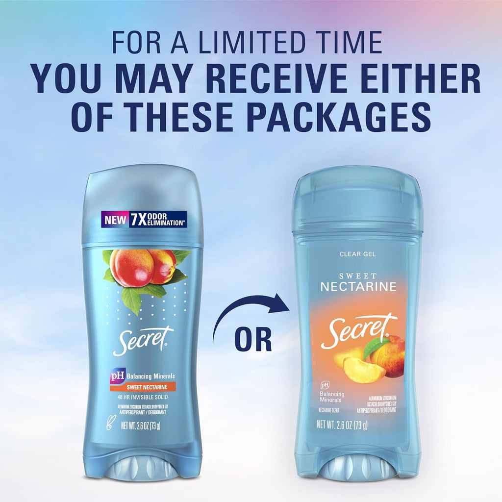 Secret Fresh Antiperspirant Deodorant for Women. 72hr Breathable Sweat & Odor Protection. Instant Freshness & Gentle. PH Balancing Minerals. Invisible Solid. Sweet Nectarine Scent. 2.6 oz