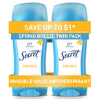 Secret Antiperspirant and Deodorant for Women. 24hr Sweat & Odor Protection. PH Balanced Protection. Gentle on Skin. Invisible Solid. Spring Breeze Scent. 2.6 oz (Pack of 2)