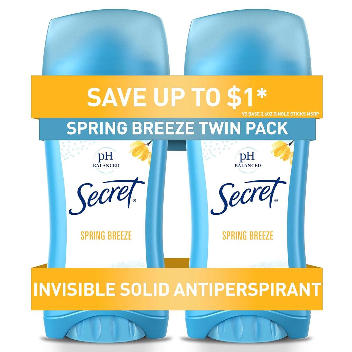 Secret Antiperspirant and Deodorant for Women. 24hr Sweat & Odor Protection. PH Balanced Protection. Gentle on Skin. Invisible Solid. Spring Breeze Scent. 2.6 oz (Pack of 2)