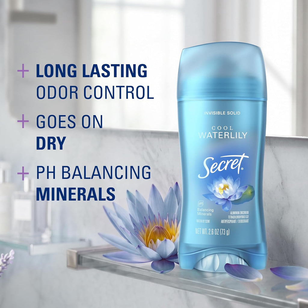 Secret Fresh Antiperspirant Deodorant for Women. 72hr Breathable Sweat & Odor Protection. Instant Freshness & Gentle. PH Balancing Minerals. Invisible Solid. Cool Waterlily Scent. 2.6 oz (Pack of 3)