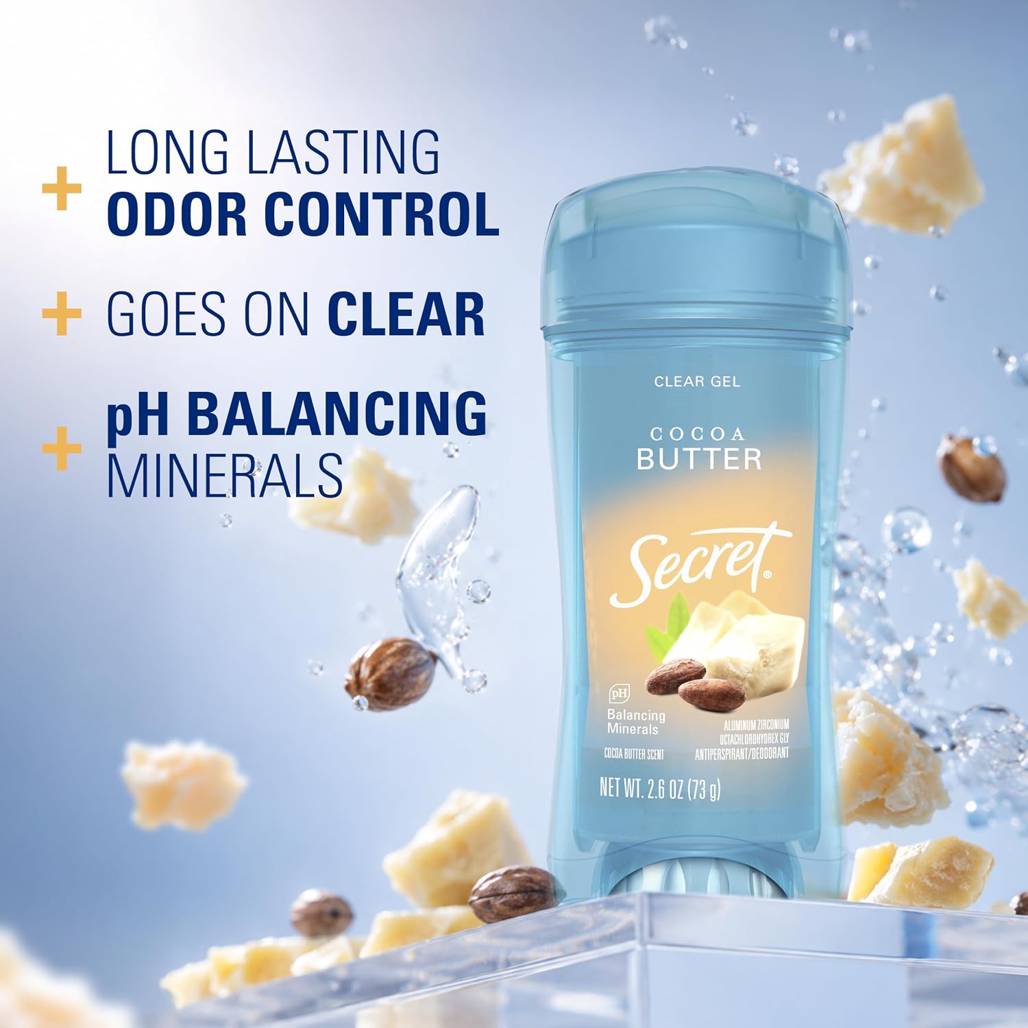 Secret Fresh Antiperspirant Deodorant for Women. 72hr Breathable Sweat & Odor Protection. Instant Freshness & Gentle. PH Balancing Minerals. Clear Gel. Cocoa Butter Scent. 2.6 oz