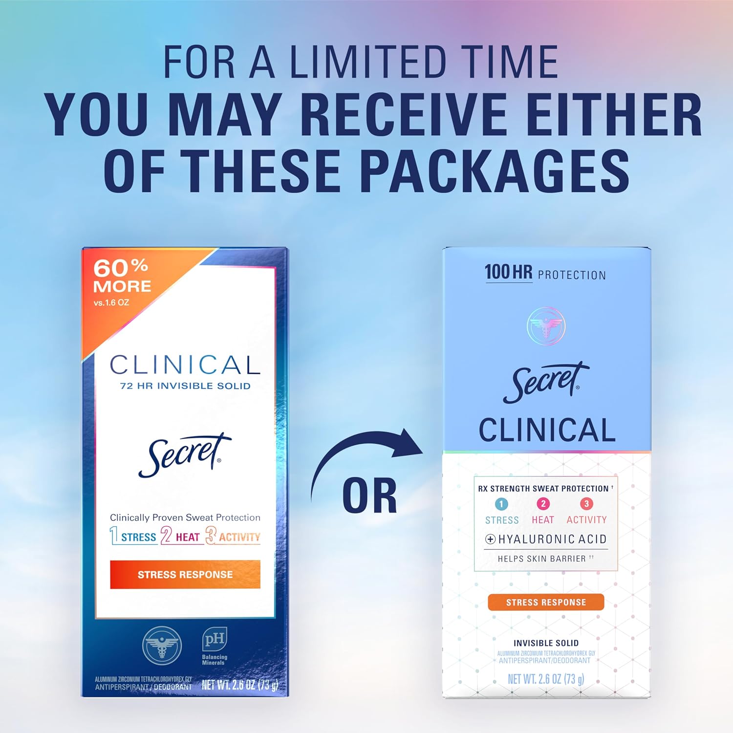 Secret Clinical Strength 100HR Sweat & Odor. Stress Response Invisible Solid Antiperspirant Deodorant for Women. 3X Stress Protection with Hyaluronic Acid. PH Balancing Minerals. 2.6 oz
