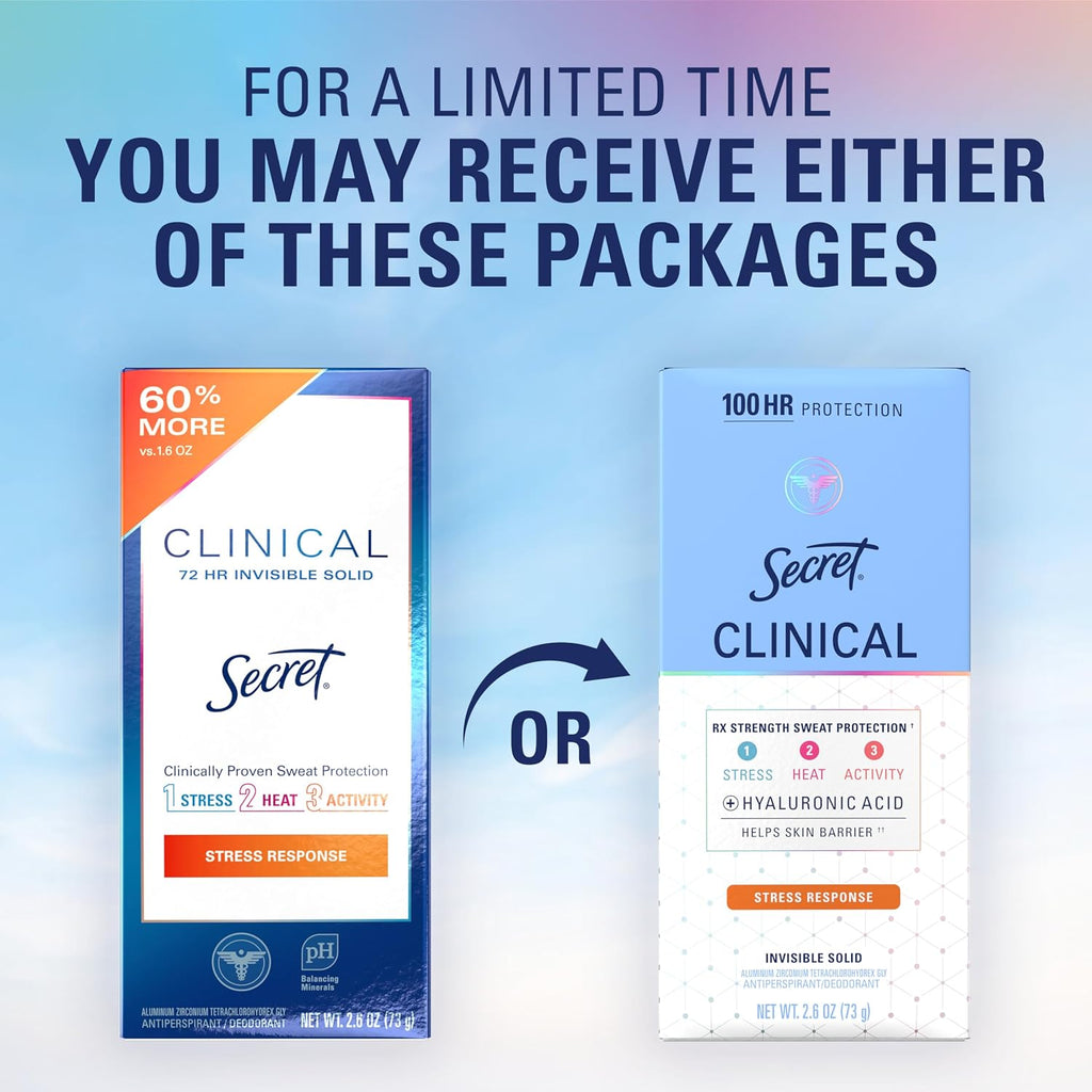 Secret Clinical Strength 100HR Sweat & Odor. Stress Response Invisible Solid Antiperspirant Deodorant for Women. 3X Stress Protection with Hyaluronic Acid. PH Balancing Minerals. 2.6 oz