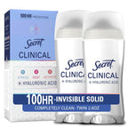 Secret Clinical Strength 100HR Sweat & Odor. Completely Clean Invisible Solid Antiperspirant Deodorant for Women. 3X Stress Protection with Hyaluronic Acid. Completely Clean Scent. 2.6 oz (Pack of 2)