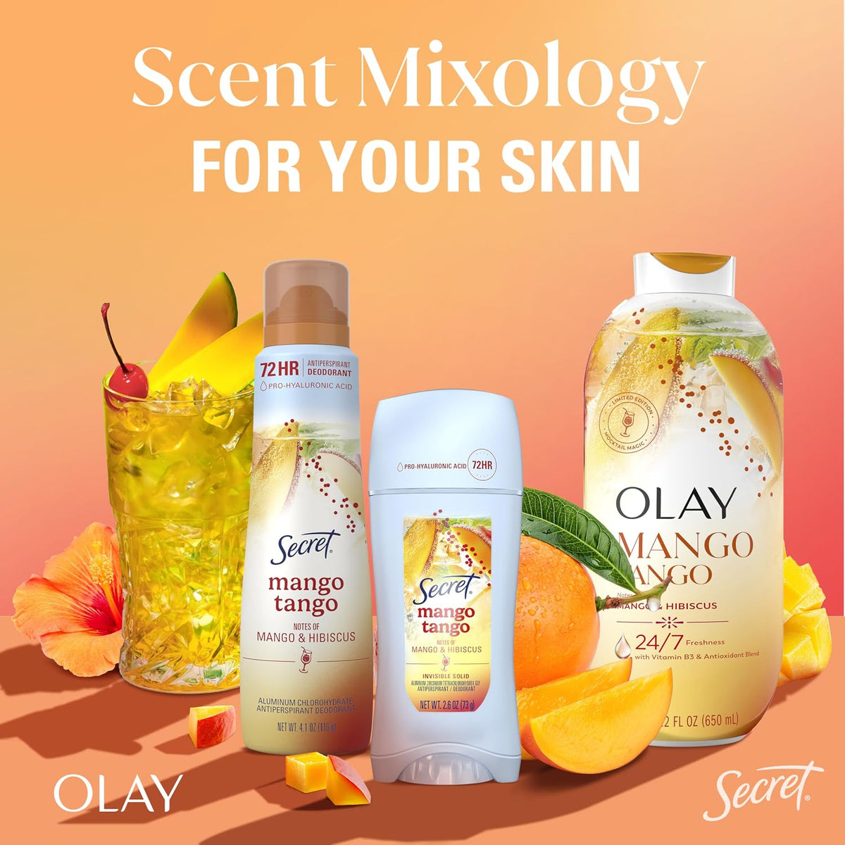 Secret Fresh Antiperspirant Deodorant for Women. Mango Tango Scent. 2.6oz | 72HR Freshness on the Rocks with Pro-Hyaluronic Acid. Miami Mocktails Limited Edition Invisible Solid. pH Balancing Minerals