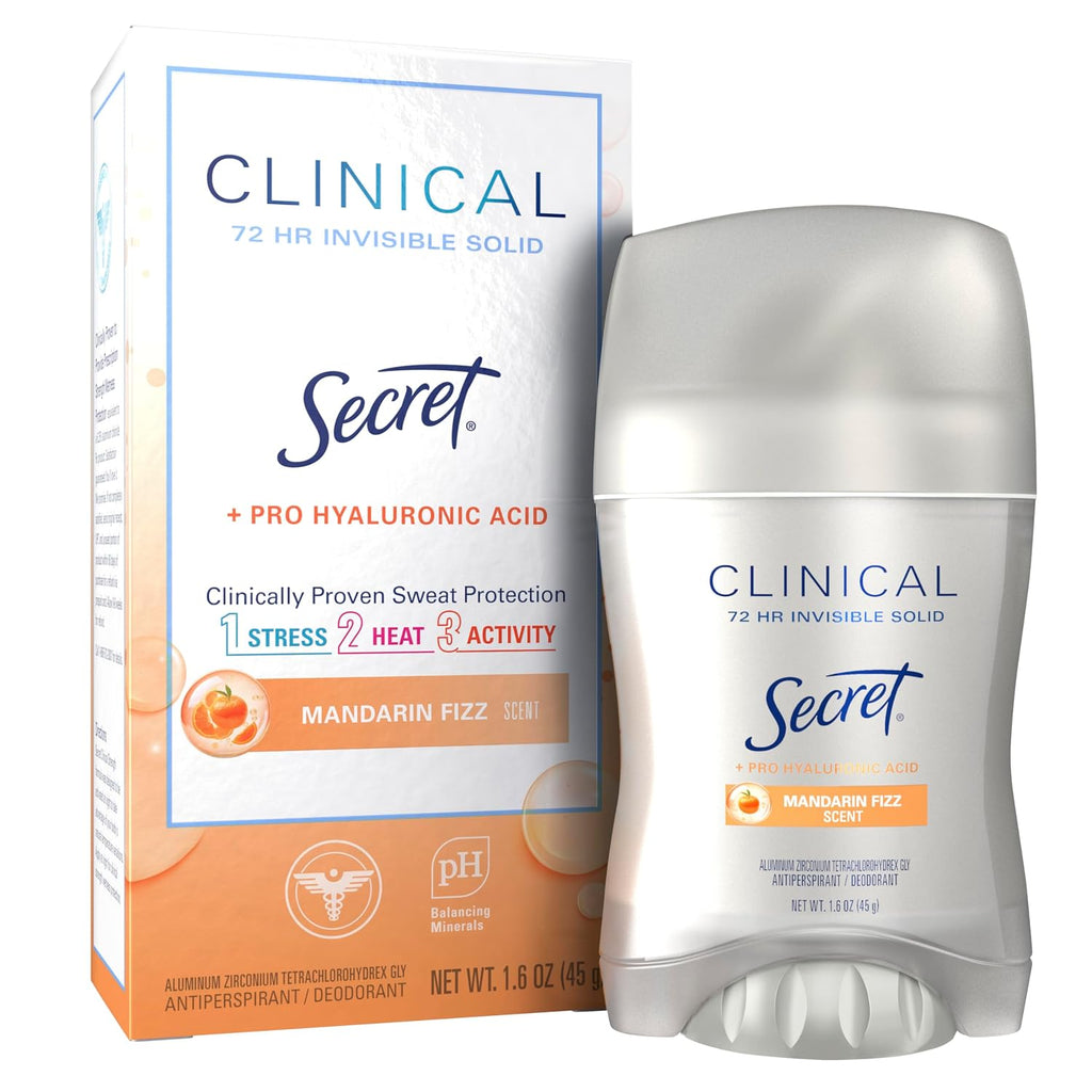 Secret Clinical Strength Antiperspirant Deodorant for Women. 3X Stress Protection. 72hr Sweat & Odor Protection. Pro-Hyaluronic Acid. Invisible Solid. Mandarin Summer Fizz Scent. 1.6 oz