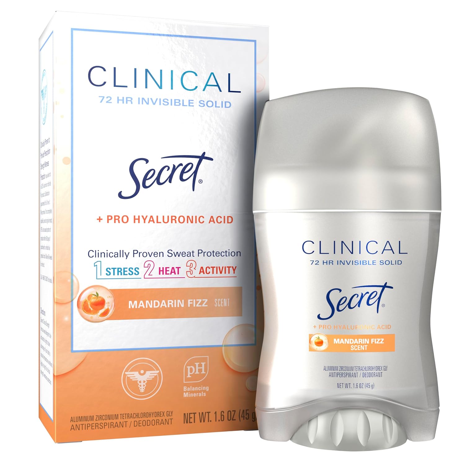 Secret Clinical Strength Antiperspirant Deodorant for Women. 3X Stress Protection. 72hr Sweat & Odor Protection. Pro-Hyaluronic Acid. Invisible Solid. Mandarin Summer Fizz Scent. 1.6 oz