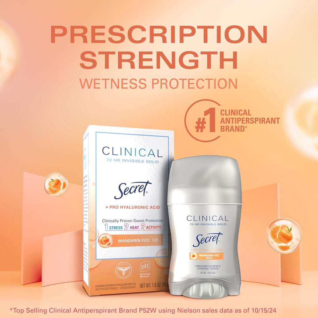 Secret Clinical Strength Antiperspirant Deodorant for Women. 3X Stress Protection. 72hr Sweat & Odor Protection. Pro-Hyaluronic Acid. Invisible Solid. Mandarin Summer Fizz Scent. 1.6 oz