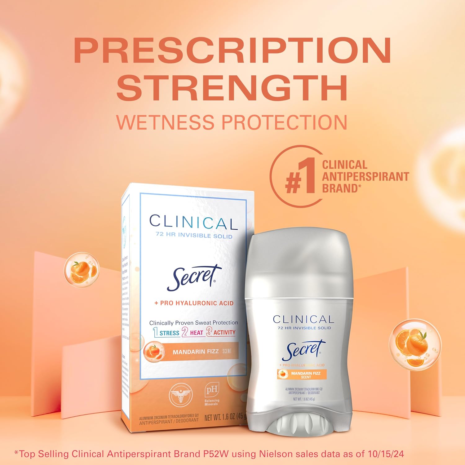 Secret Clinical Strength Antiperspirant Deodorant for Women. 3X Stress Protection. 72hr Sweat & Odor Protection. Pro-Hyaluronic Acid. Invisible Solid. Mandarin Summer Fizz Scent. 1.6 oz