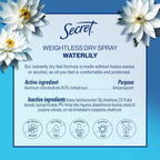 Secret Dry Spray Antiperspirant Deodorant for Women. 48hr Weightless Sweat & Odor Protection. Gentle on Skin. Waterlily & Argan Oil Scent. 4.1 oz (Pack of 3)