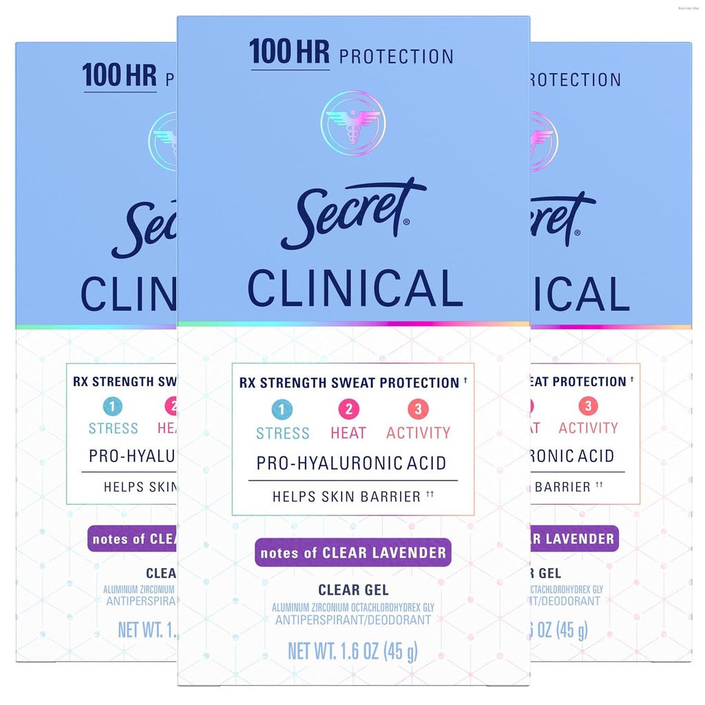 Secret Clinical Strength 100HR Sweat & Odor. Clear Gel Antiperspirant Deodorant for Women. 3X Stress Protection with Hyaluronic Acid. PH Balanced. Clean Lavender Scent. 1.6 oz (Pack of 3)