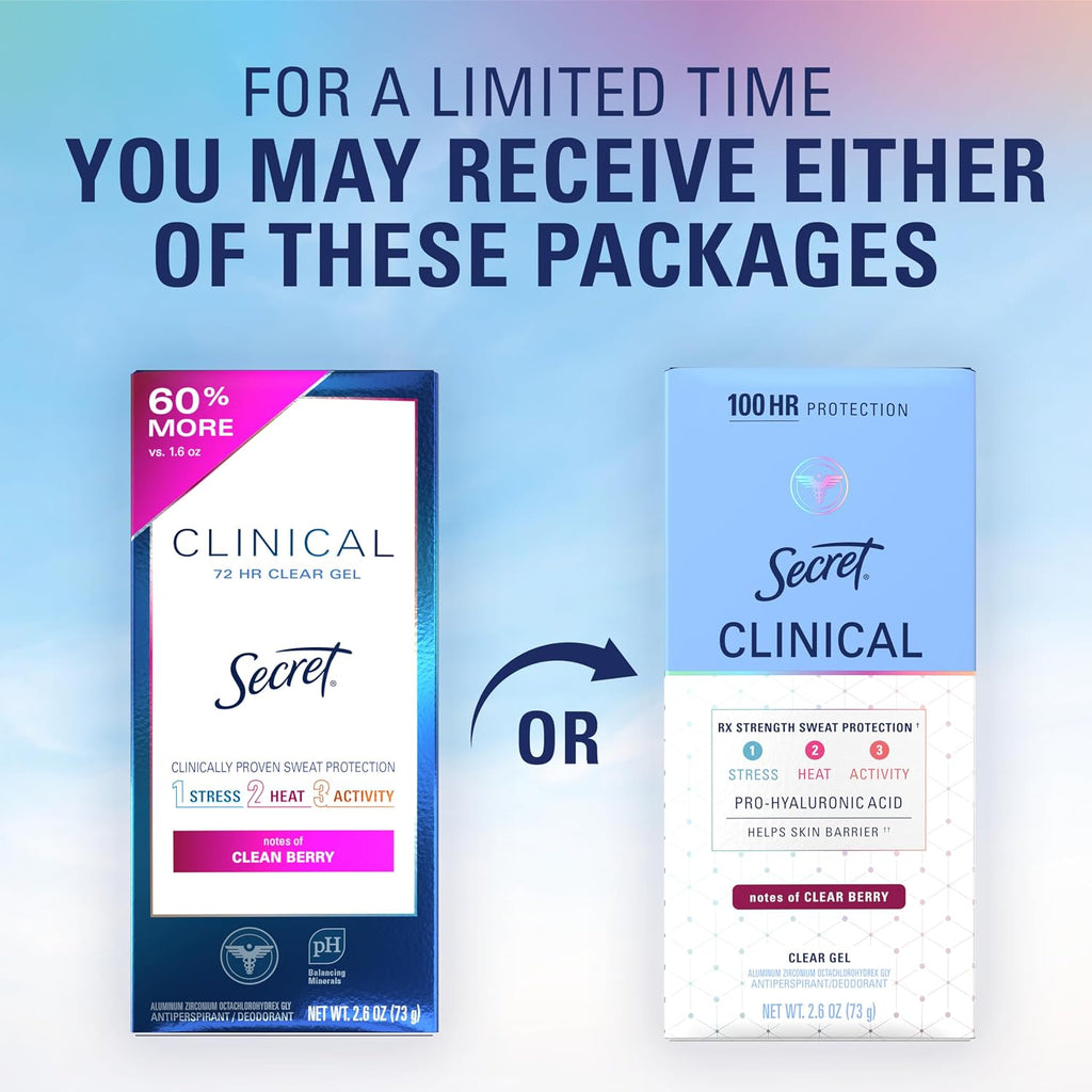 Secret Clinical Strength 100HR Sweat & Odor. Clear Gel Antiperspirant Deodorant for Women. 3X Stress Protection with Hyaluronic Acid. PH Balancing Minerals. Clean Berry Scent. 2.6 oz