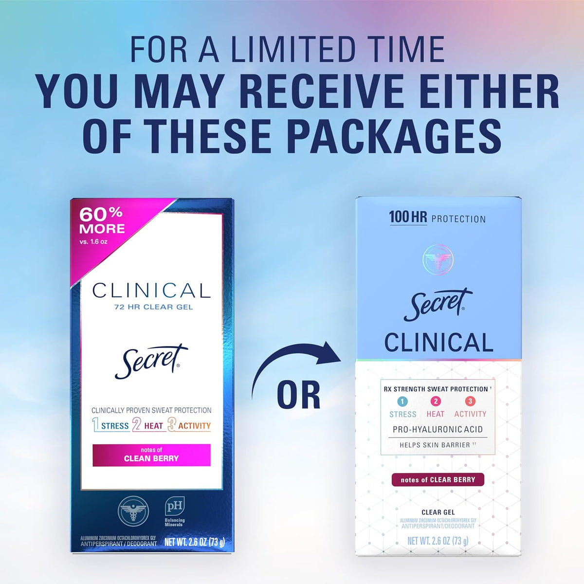Secret Clinical Strength 100HR Sweat & Odor. Clear Gel Antiperspirant Deodorant for Women. 3X Stress Protection with Hyaluronic Acid. PH Balancing Minerals. Clean Berry Scent. 2.6 oz