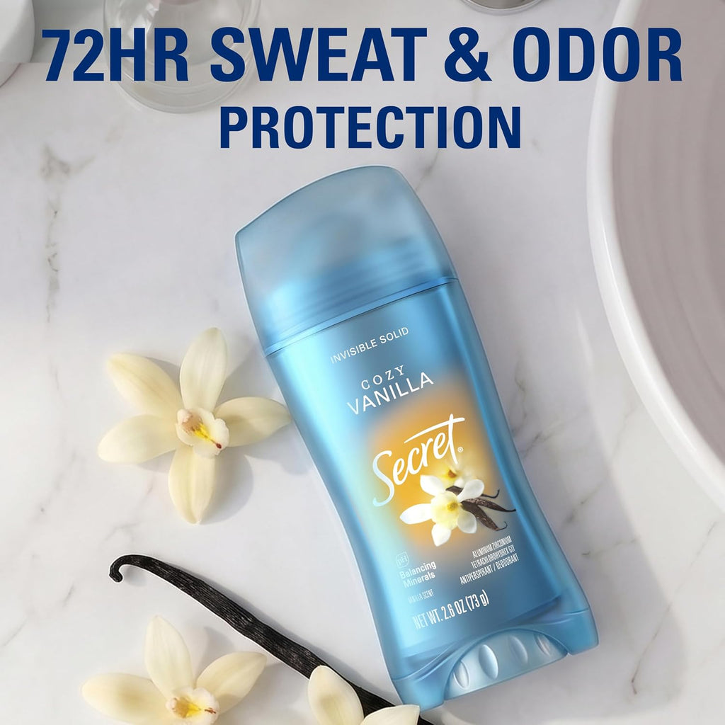 Secret Fresh Antiperspirant Deodorant for Women. 72hr Breathable Sweat & Odor Protection. Instant Freshness & Gentle. PH Balancing Minerals. Invisible Solid. Cozy Vanilla Scent. 2.6 oz (Pack of 3)