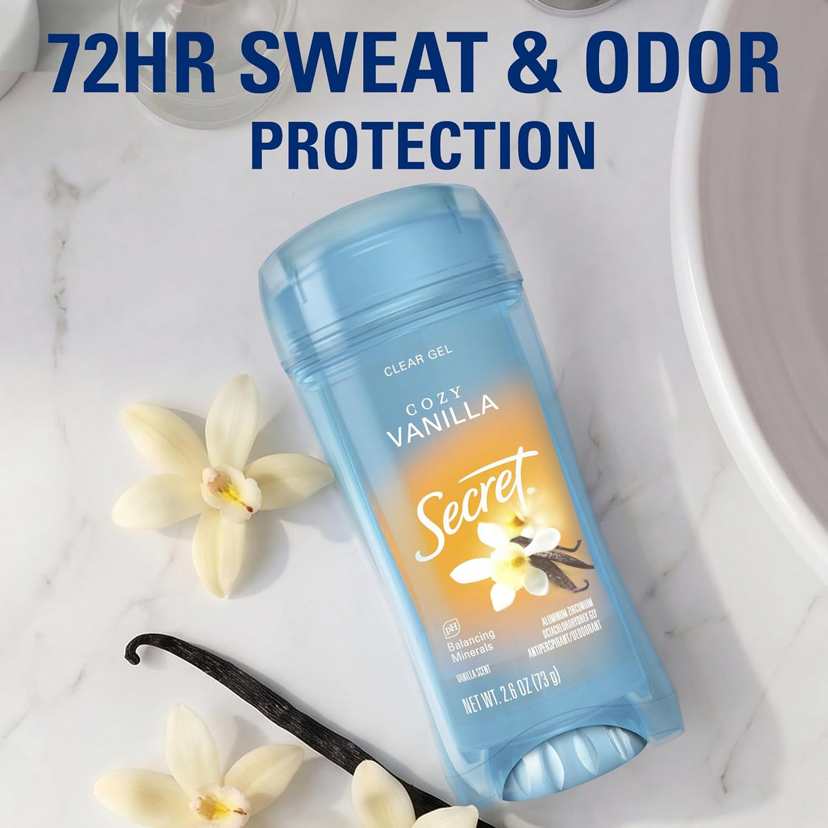 Secret Fresh Antiperspirant Deodorant for Women. 72hr Breathable Sweat & Odor Protection. Instant Freshness & Gentle. PH Balancing Minerals. Clear Gel. Cozy Vanilla Scent. 2.6 oz