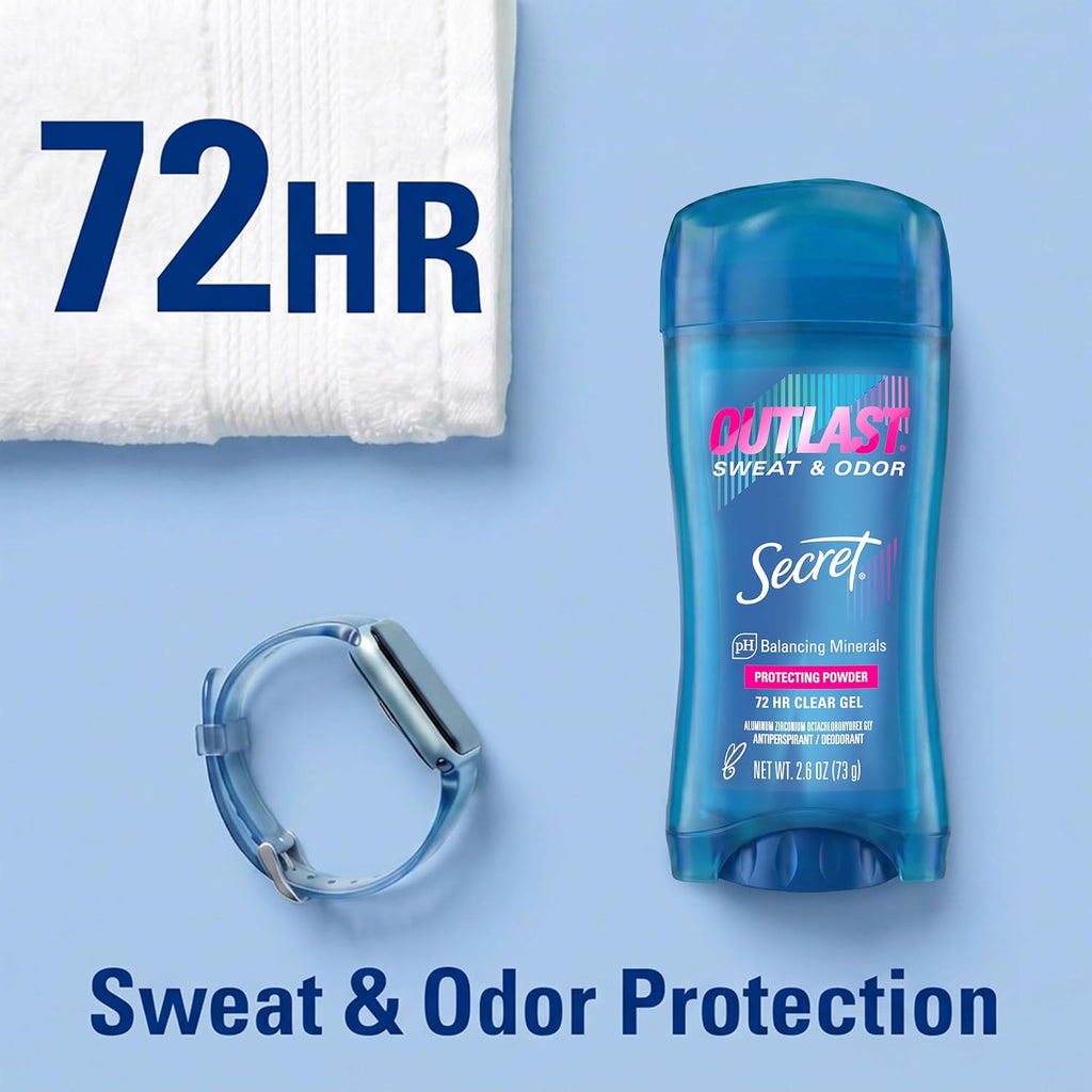 Secret Outlast Antiperspirant Deodorant for Women. 72hr Sweat & Odor Protection. PH Balancing Minerals. Clear Gel. Protecting Powder Scent. 2.6 oz (Pack of 2)