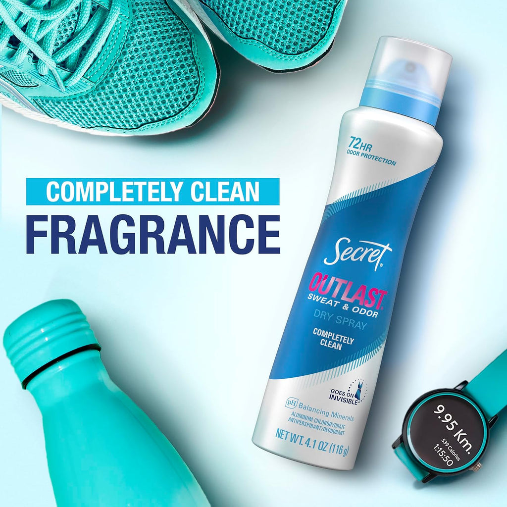 Secret Outlast Dry Spray Antiperspirant Deodorant for Women. 72hr Sweat & Odor Protection. PH Balancing Minerals. Completely Clean Scent. 4.1 oz