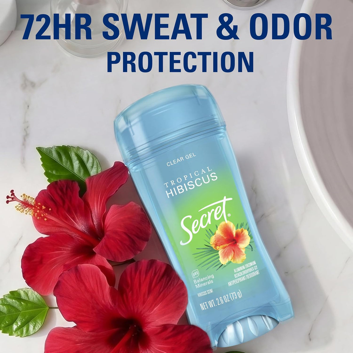 Secret Fresh Antiperspirant Deodorant for Women. 72hr Breathable Sweat & Odor Protection. Instant Freshness & Gentle. PH Balancing Minerals. Clear Gel. Tropical Hibiscus Scent. 2.6 oz