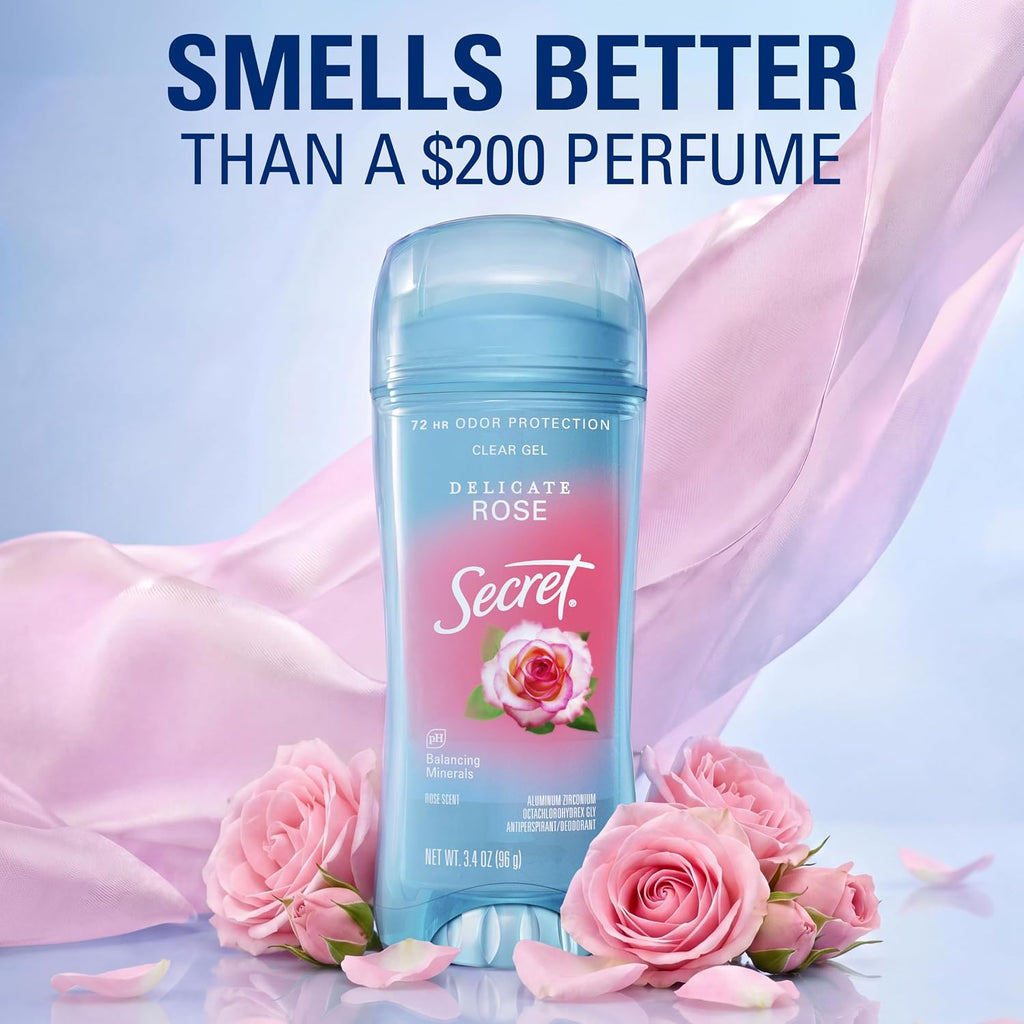 Secret Fresh Antiperspirant Deodorant for Women. 72hr Breathable Sweat & Odor Protection. Instant Freshness & Gentle. PH Balancing Minerals. Clear Gel. Delicate Rose Scent. 3.4 oz