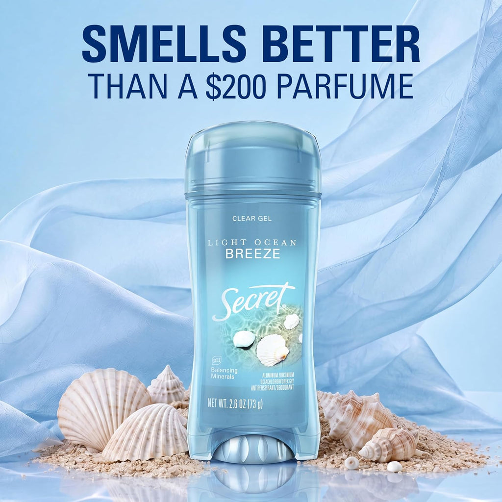 Secret Fresh Antiperspirant Deodorant for Women. 72hr Breathable Sweat & Odor Protection. Instant Freshness & Gentle. PH Balancing Minerals. Clear Gel. Light Ocean Breeze Scent. 2.6 oz