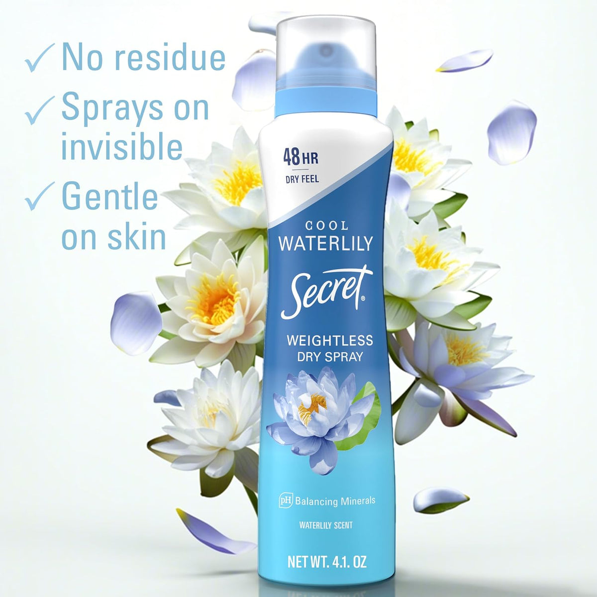 Secret Dry Spray Antiperspirant Deodorant for Women. 48hr Weightless Sweat & Odor Protection. Gentle on Skin. Waterlily & Argan Oil Scent. 4.1 oz (Pack of 3)