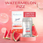 Secret Clinical Strength Antiperspirant Deodorant for Women. 3X Stress Protection. 72hr Sweat & Odor Protection. Pro-Hyaluronic Acid. Invisible Solid. Watermelon Summer Fizz Scent. 1.6 oz