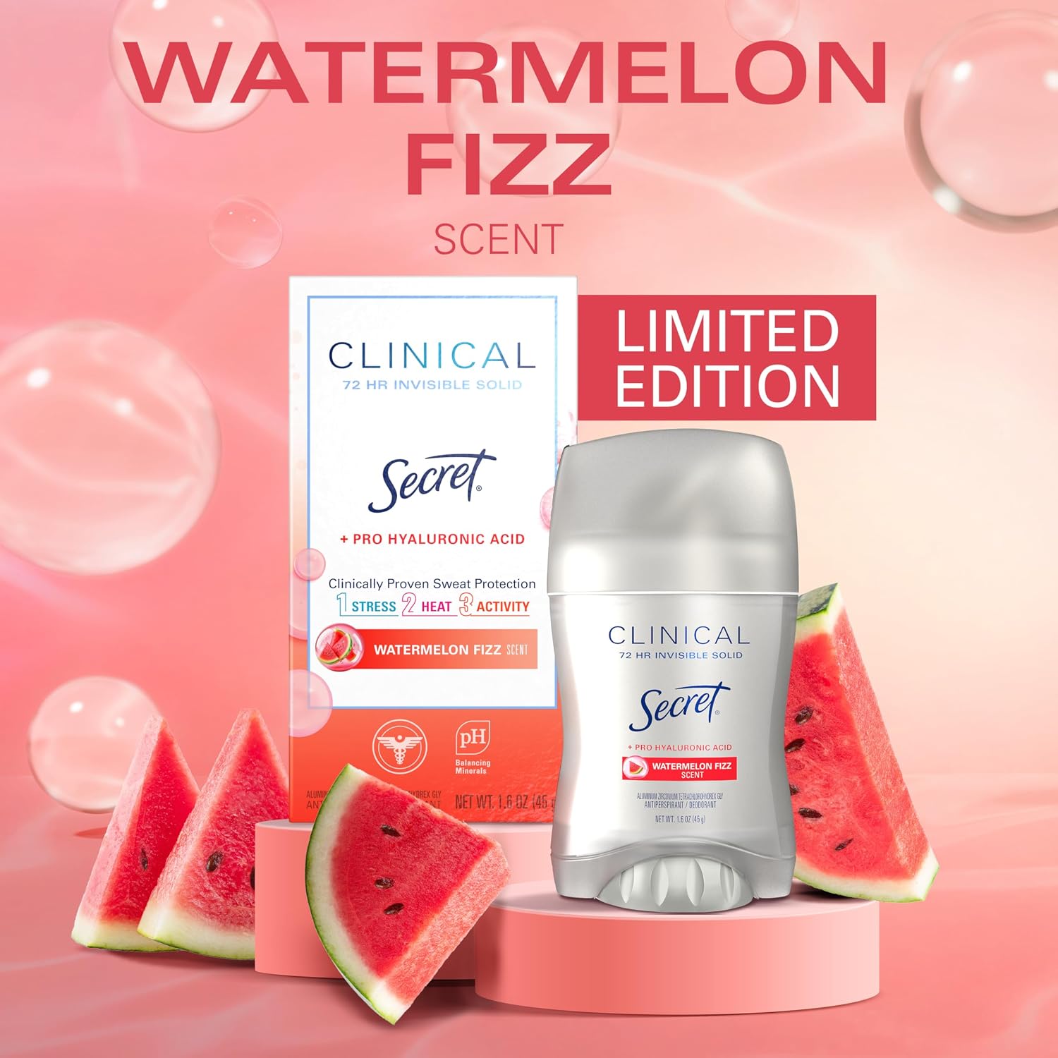 Secret Clinical Strength Antiperspirant Deodorant for Women. 3X Stress Protection. 72hr Sweat & Odor Protection. Pro-Hyaluronic Acid. Invisible Solid. Watermelon Summer Fizz Scent. 1.6 oz