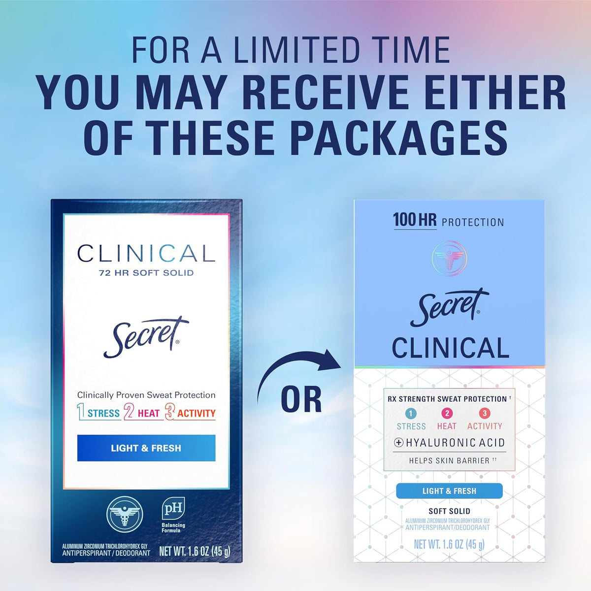 Secret Clinical Strength 100HR Sweat & Odor. Soft Solid Antiperspirant Deodorant for Women. 3X Stress Protection with Hyaluronic Acid. PH Balancing Minerals. Light & Fresh Scent. 1.6 oz