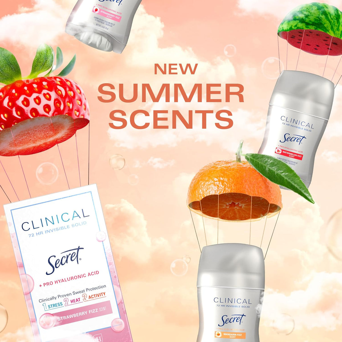 Secret Clinical Strength Antiperspirant Deodorant for Women. 3X Stress Protection. 72hr Sweat & Odor Protection. Pro-Hyaluronic Acid. Invisible Solid. Mandarin Summer Fizz Scent. 1.6 oz
