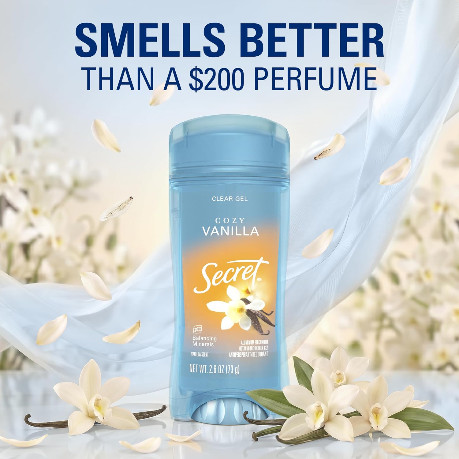 Secret Fresh Antiperspirant Deodorant for Women. 72hr Breathable Sweat & Odor Protection. Instant Freshness & Gentle. PH Balancing Minerals. Clear Gel. Cozy Vanilla Scent. 2.6 oz