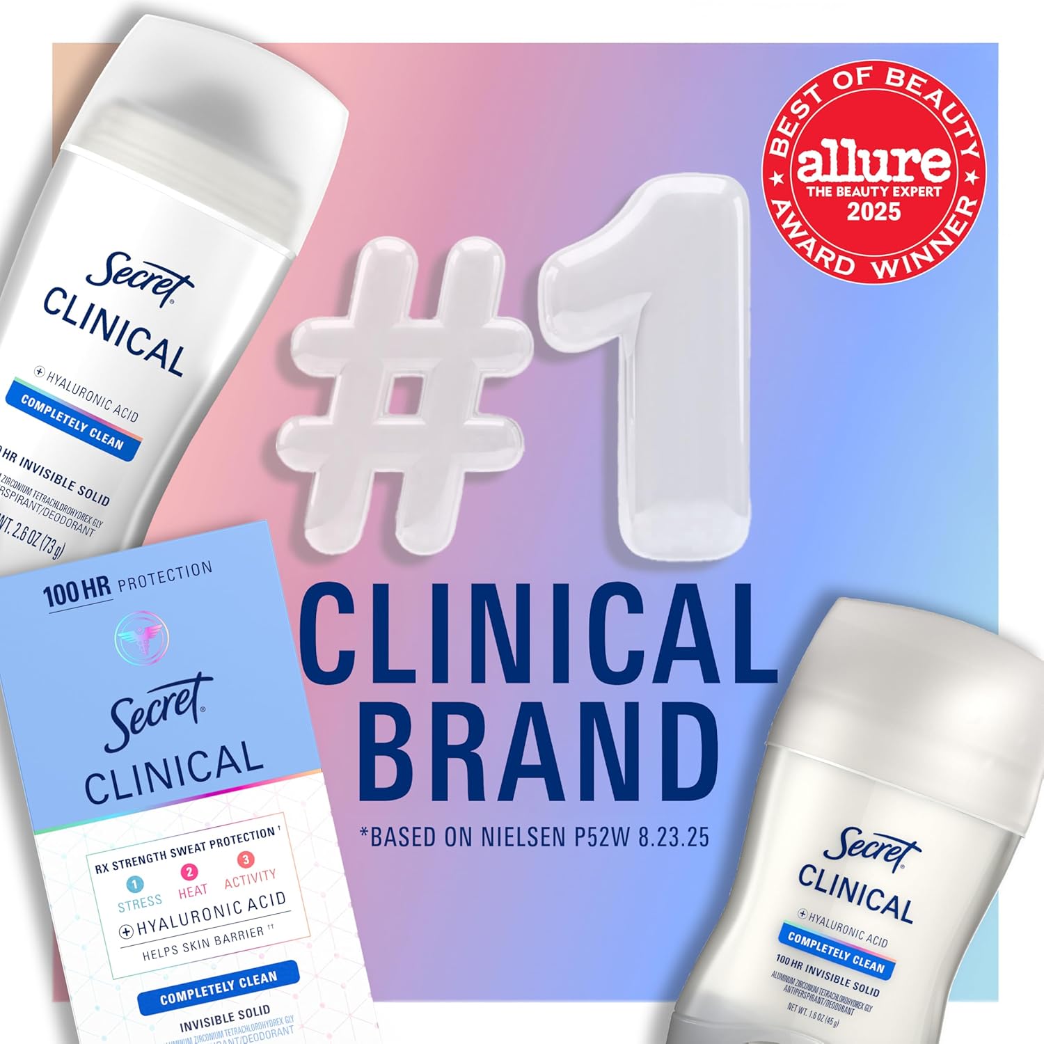 Secret Clinical Strength 100HR Sweat & Odor. Clear Gel Antiperspirant Deodorant for Women. 3X Stress Protection with Hyaluronic Acid. PH Balancing Minerals. Clear Lavender Scent. 2.6 oz