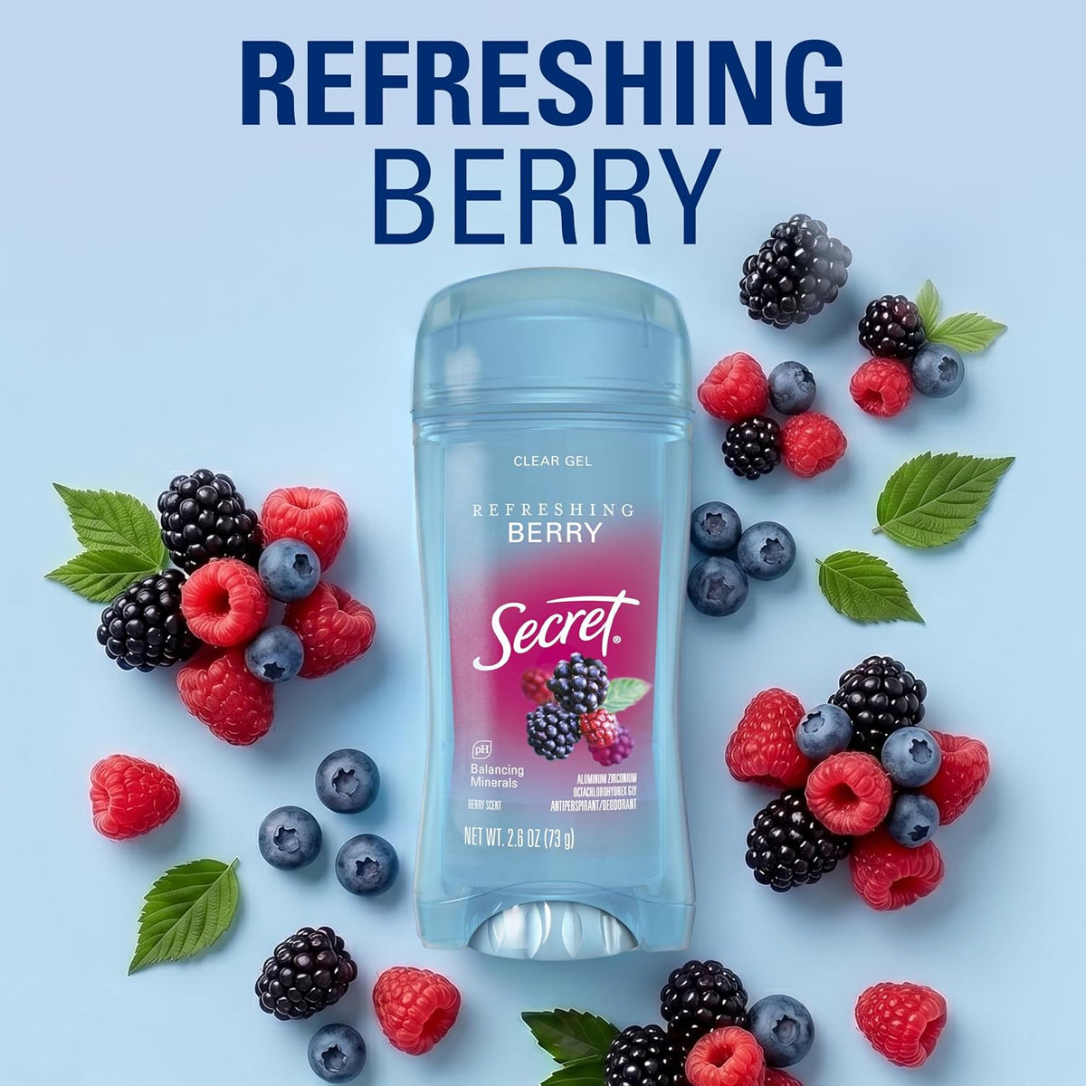 Secret Fresh Antiperspirant Deodorant for Women. 72hr Breathable Sweat & Odor Protection. Instant Freshness & Gentle. PH Balancing Minerals. Clear Gel. Refreshing Berry Scent. 2.6 oz (Pack of 2)