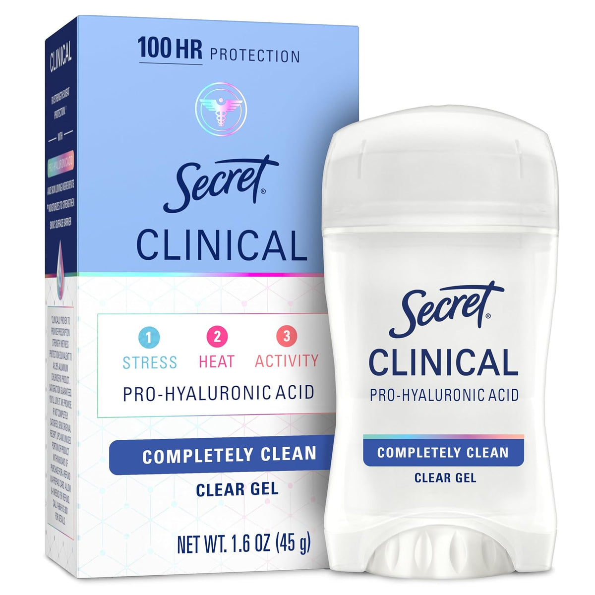 Secret Clinical Strength 100HR Sweat & Odor. Clear Gel Antiperspirant Deodorant for Women. 3X Stress Protection with Hyaluronic Acid. PH Balancing Minerals. Completely Clean Scent. 1.6 oz