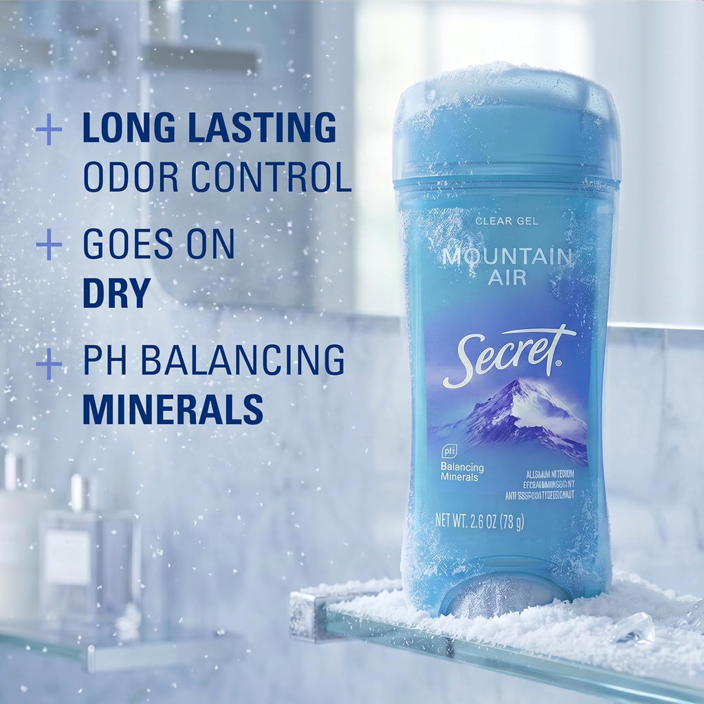 Secret Fresh Antiperspirant Deodorant for Women. 72hr Breathable Sweat & Odor Protection. Instant Freshness & Gentle. PH Balancing Minerals. Clear Gel. Mountain Air Scent. 2.6 oz