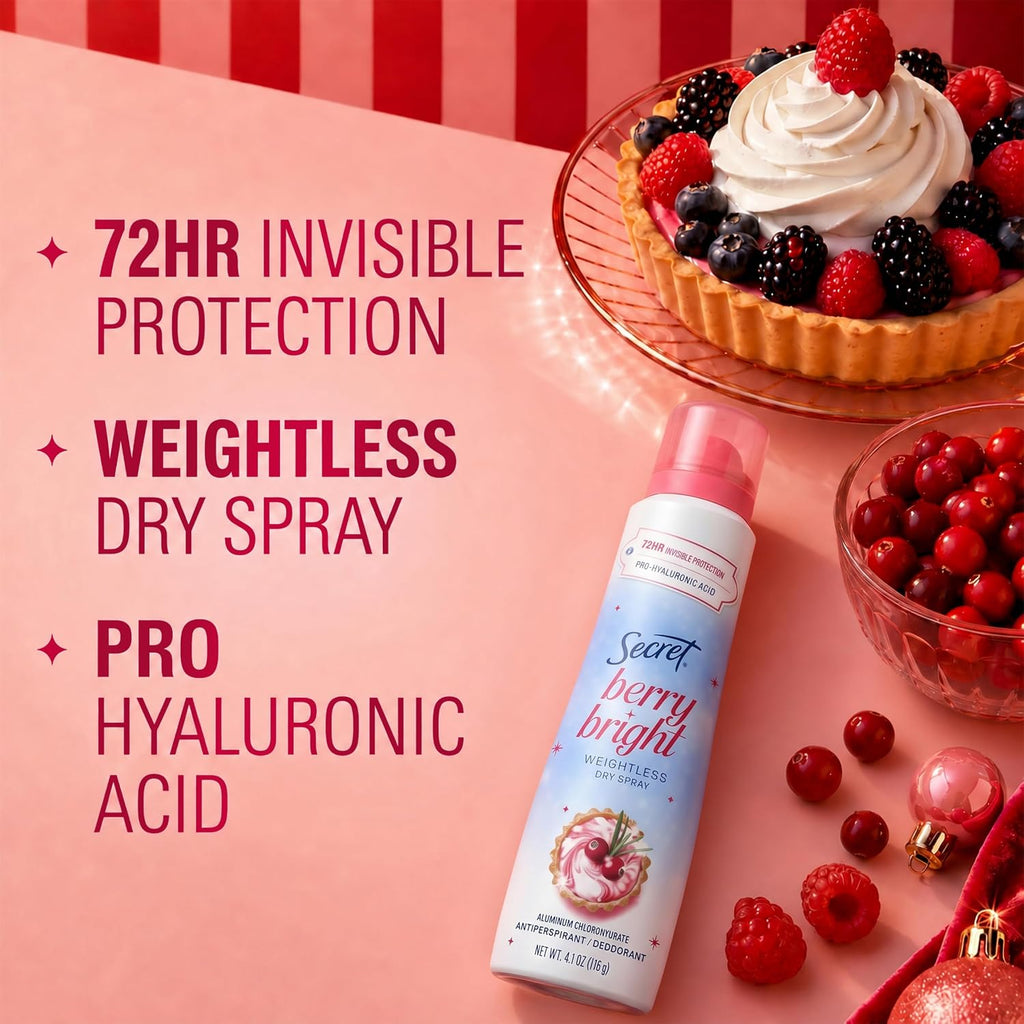 Secret Dry Spray Antiperspirant Deodorant for Women. 72hr Holiday Freshness. Pro-Hyaluronic Acid. PH Balancing Minerals. Invisible Spray. Berry Bright Scent. 4.1 oz